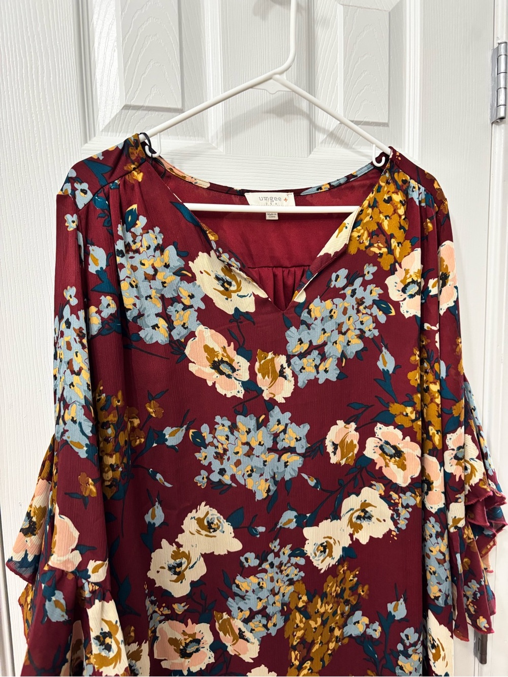 Umgee Floral Print Ruffle Sleeve Shift Dress Women’s Size XL Fall Burgendy - Picture 3 of 7